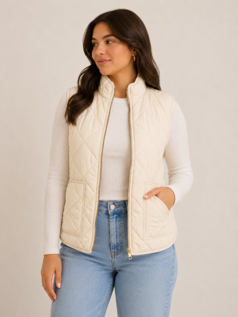 J. Crew Cream Quilted Sleeveless Puffer Vest